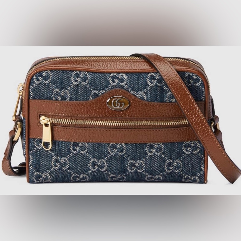 Gucci Denim GG Monogram Mini Ophidia Shoulder Bag Blue Tea Cuir